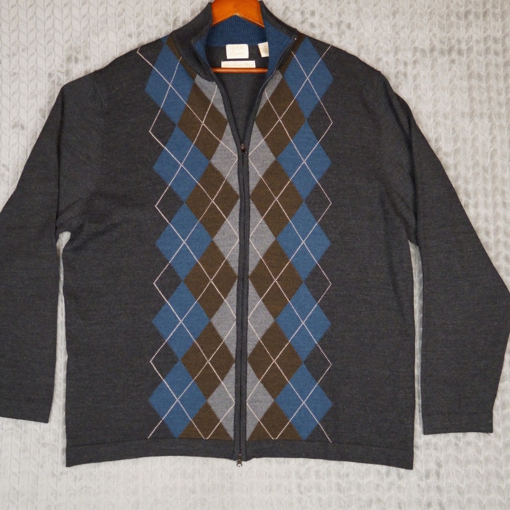 Parisian Signature Full Zip Sweater Mens XXL Grey Argyle Merino Wool Blend Italy